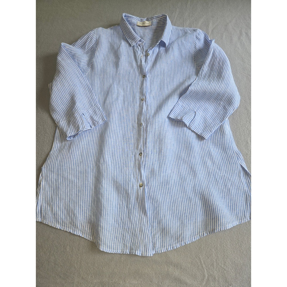 Cento Lino Linen Tunic Womens XL Blue White Striped 3/4 Sleeve Giulia Italy